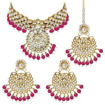 Aheli indian traditional kundan brass alloy bead choker necklace with earring mangtikka jewellery set 3