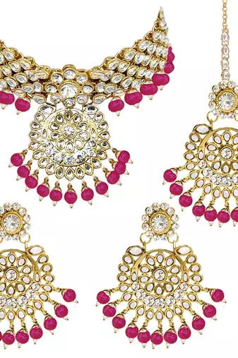 Aheli indian traditional kundan brass alloy bead choker necklace with earring mangtikka jewellery set