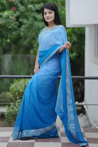 Blue embroidred with embellished blouse & saree