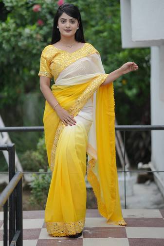 Yellow embroidred with embellished blouse & saree