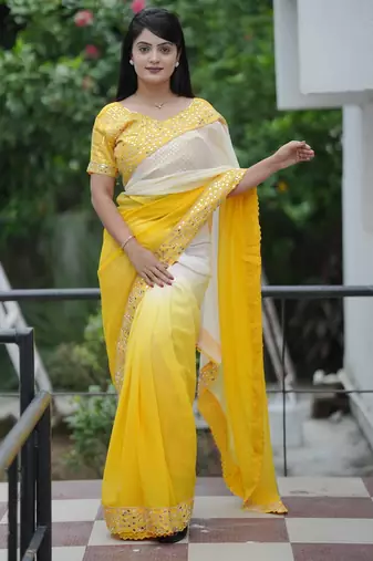 Yellow embroidred with embellished blouse & saree