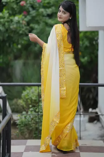 Yellow embroidred with embellished blouse & saree
