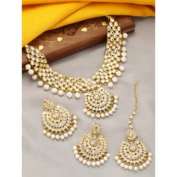 Aheli indian traditional white kundan bead choker necklace with earring mangtikka jewellery set 2