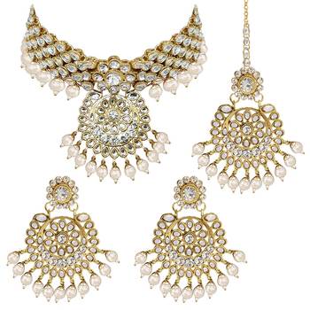 Aheli indian traditional white kundan bead choker necklace with earring mangtikka jewellery set 3