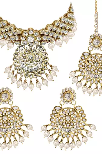 Aheli indian traditional white kundan bead choker necklace with earring mangtikka jewellery set