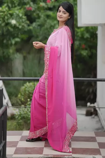 Pink embroidred with embellished blouse & saree