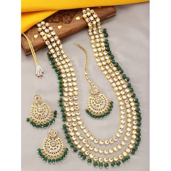 Aheli brass and kundan long necklace with maang tikka & earrings set 1