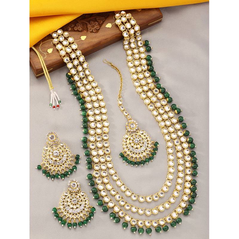 Aheli brass and kundan long necklace with maang tikka & earrings set