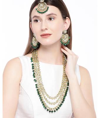 Aheli brass and kundan long necklace with maang tikka & earrings set 2