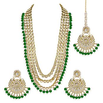 Aheli brass and kundan long necklace with maang tikka & earrings set 3