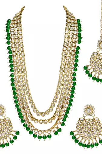 Aheli brass and kundan long necklace with maang tikka & earrings set