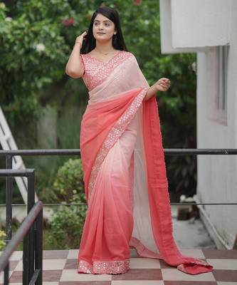 Peach embroidred with embellished blouse & saree 1
