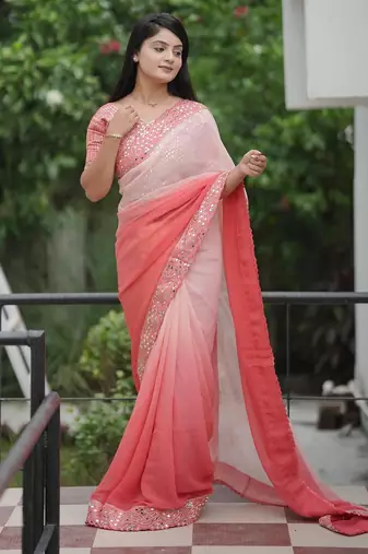 Peach embroidred with embellished blouse & saree