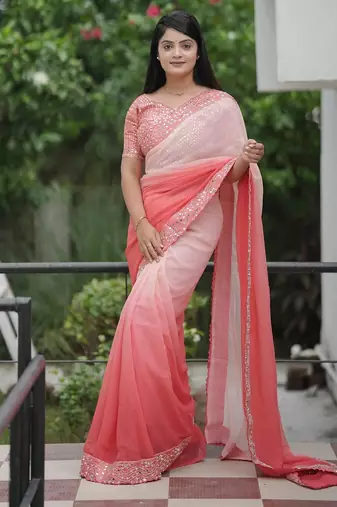Peach embroidred with embellished blouse & saree