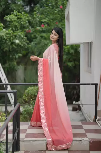 Peach embroidred with embellished blouse & saree