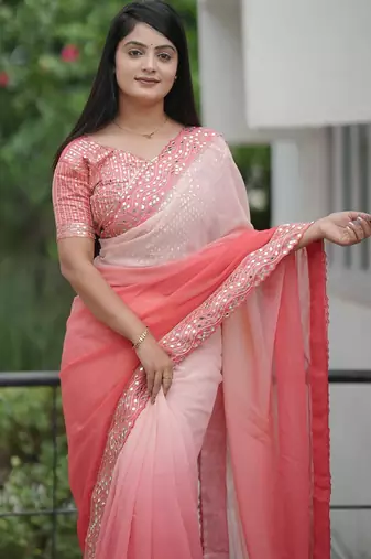 Peach embroidred with embellished blouse & saree