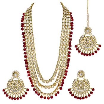 Aheli gold-plated brass and kundan necklace with mang tika & earrings jewellery set 3