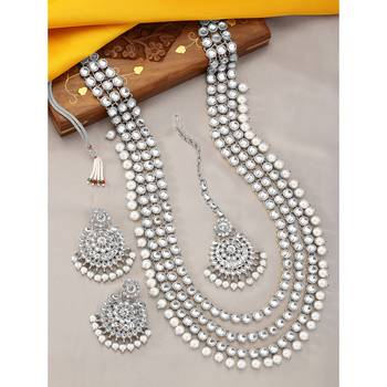 Aheli indian traditional kundan long necklace with earring maang tikka jewellery set 1