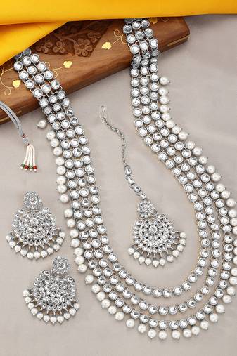 Aheli indian traditional kundan long necklace with earring maang tikka jewellery set