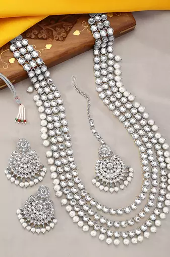Aheli indian traditional kundan long necklace with earring maang tikka jewellery set