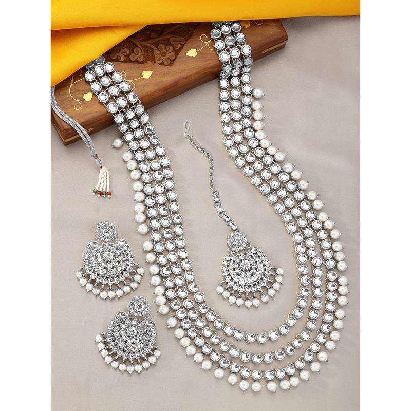 Aheli indian traditional kundan long necklace with earring maang tikka jewellery set