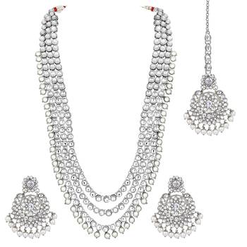 Aheli indian traditional kundan long necklace with earring maang tikka jewellery set 3