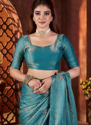 Teal embellished saree with embellished blouse 2