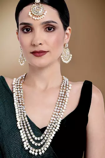 Aheli gold-plated brass and kundan necklace with mangtika & earrings set