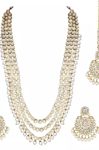 Aheli gold-plated brass and kundan necklace with mangtika & earrings set