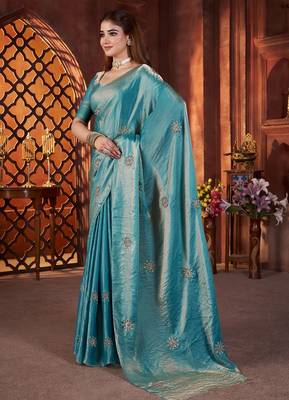 Teal embellished saree with embellished blouse 4