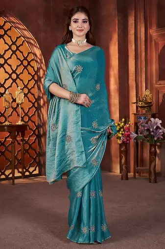 Teal embellished saree with embellished blouse