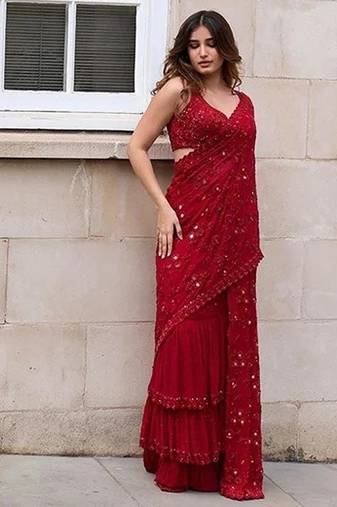 Red bloue piece with embroidred saree
