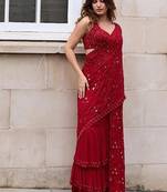 Red bloue piece with embroidred saree