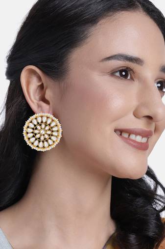 Aheli white 18k gold plated kundan beads studed round stud earrings for girls & women