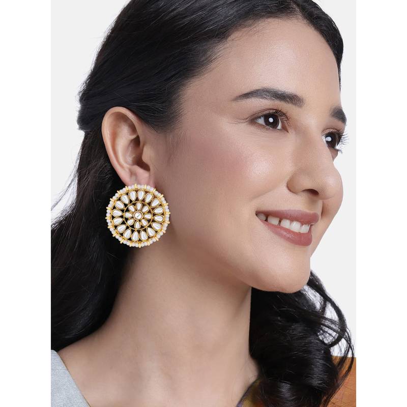 Aheli white 18k gold plated kundan beads studed round stud earrings for girls & women