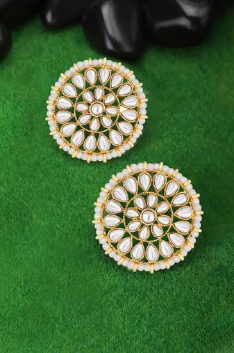 Aheli white 18k gold plated kundan beads studed round stud earrings for girls & women