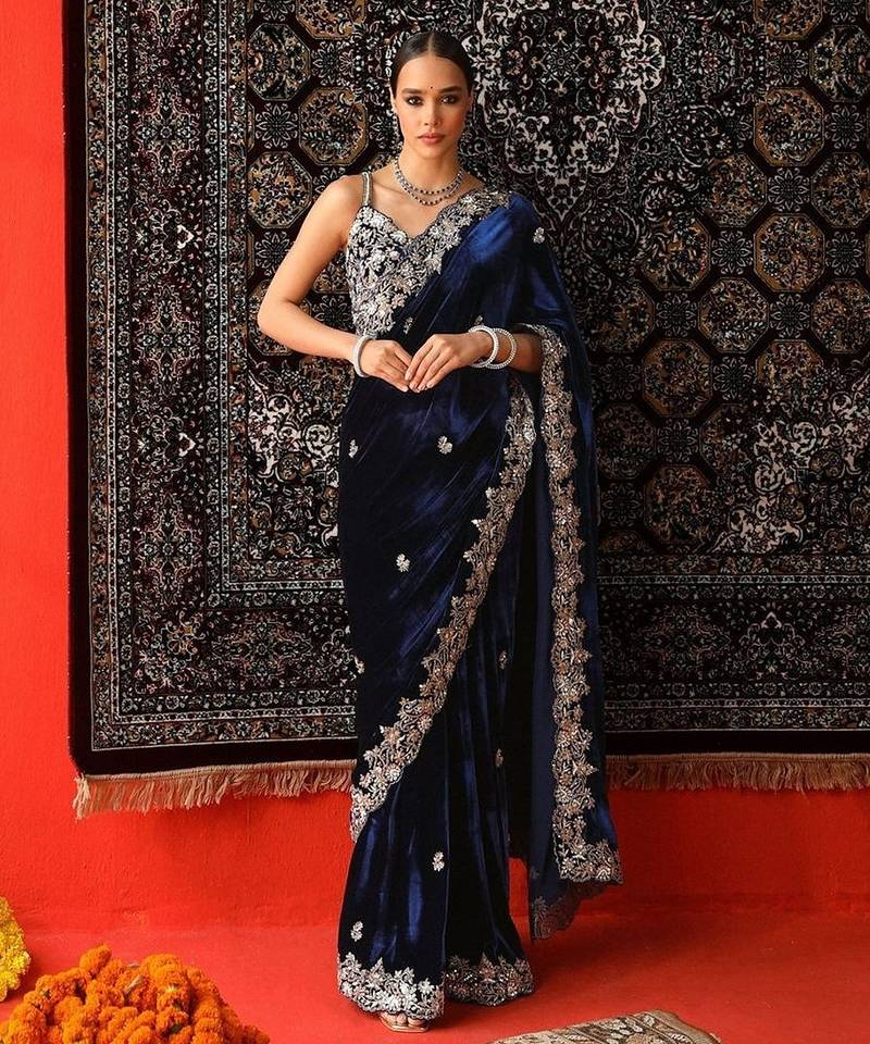 Blue bloue piece with embroidred saree