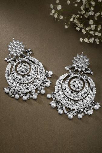 Aheli kundan & pearl studded silver plated chandbali earrings gift for women girls