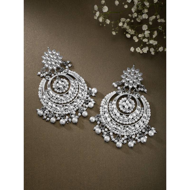 Aheli kundan & pearl studded silver plated chandbali earrings gift for women girls