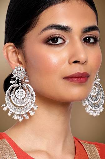 Aheli kundan & pearl studded silver plated chandbali earrings gift for women girls