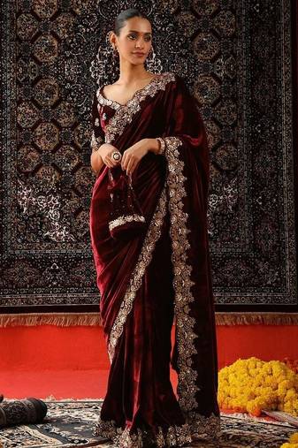 Maroon bloue piece with embroidred saree