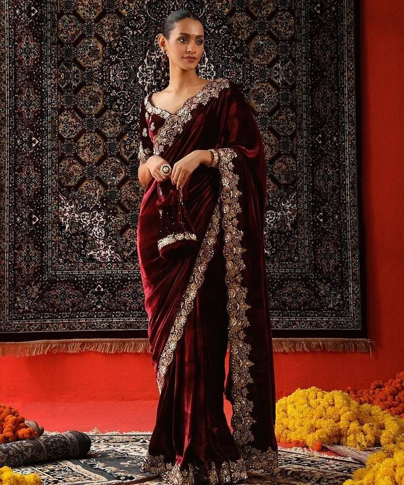 Maroon bloue piece with embroidred saree