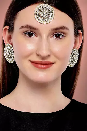 Aheli kundan pearl royal round earring maang tikka set indian traditional jewellery for women