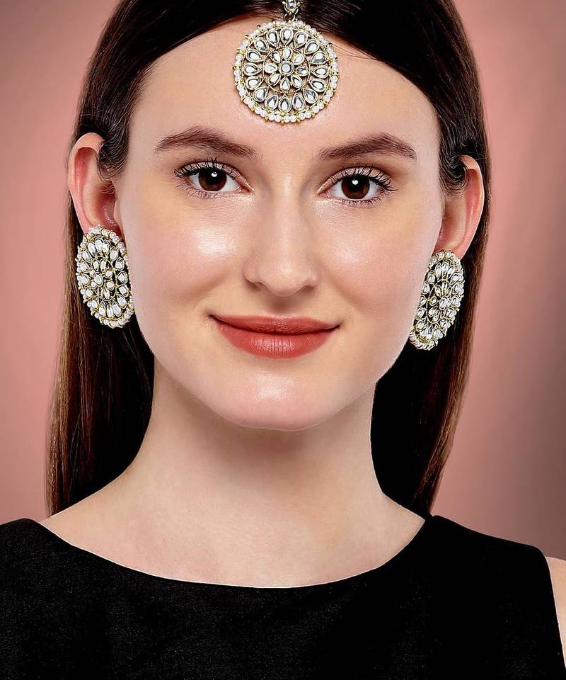 Aheli kundan pearl royal round earring maang tikka set indian traditional jewellery for women
