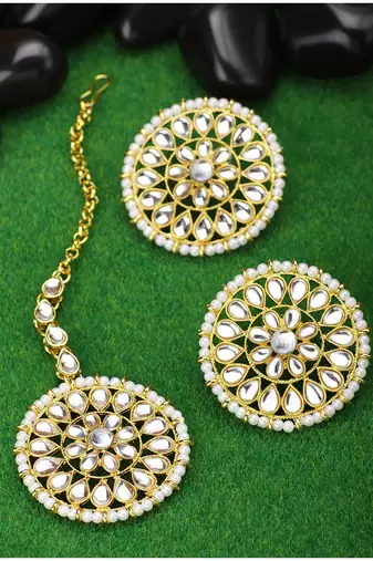Aheli kundan pearl royal round earring maang tikka set indian traditional jewellery for women