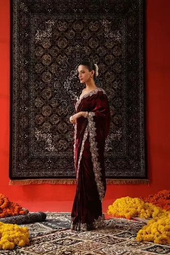 Maroon bloue piece with embroidred saree