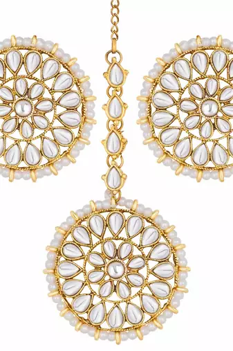 Aheli kundan pearl royal round earring maang tikka set indian traditional jewellery for women
