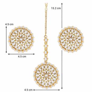 Aheli kundan pearl royal round earring maang tikka set indian traditional jewellery for women 4