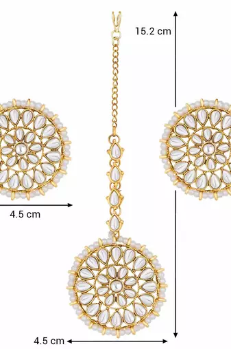 Aheli kundan pearl royal round earring maang tikka set indian traditional jewellery for women