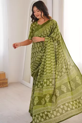 Green bloue piece with cotton printed saree